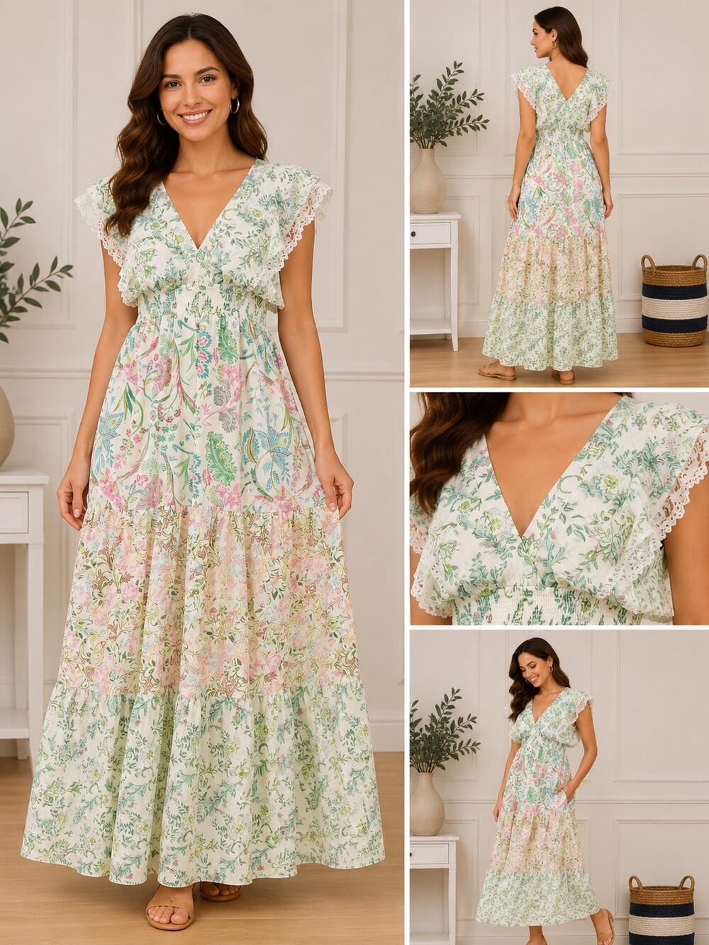 House of Harlow 1960 Floral Mixed Print Smocked Tiered Maxi Dress Boho Women S